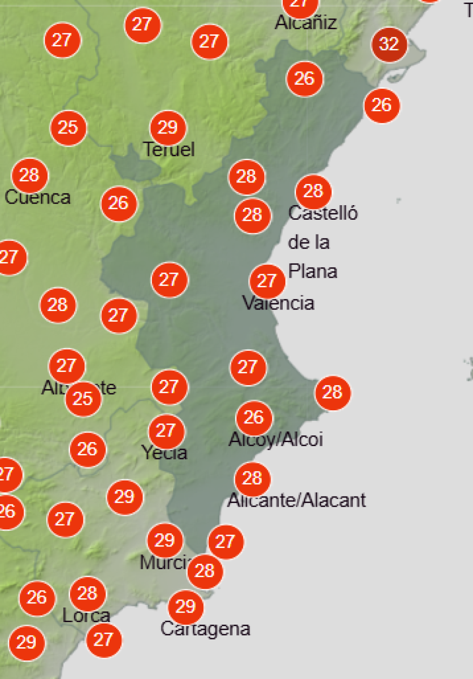 Mapa de Aemet con la previsión de temperaturas máximas en la Comunidad Valenciana este viernes 11 de septiembre de 2026