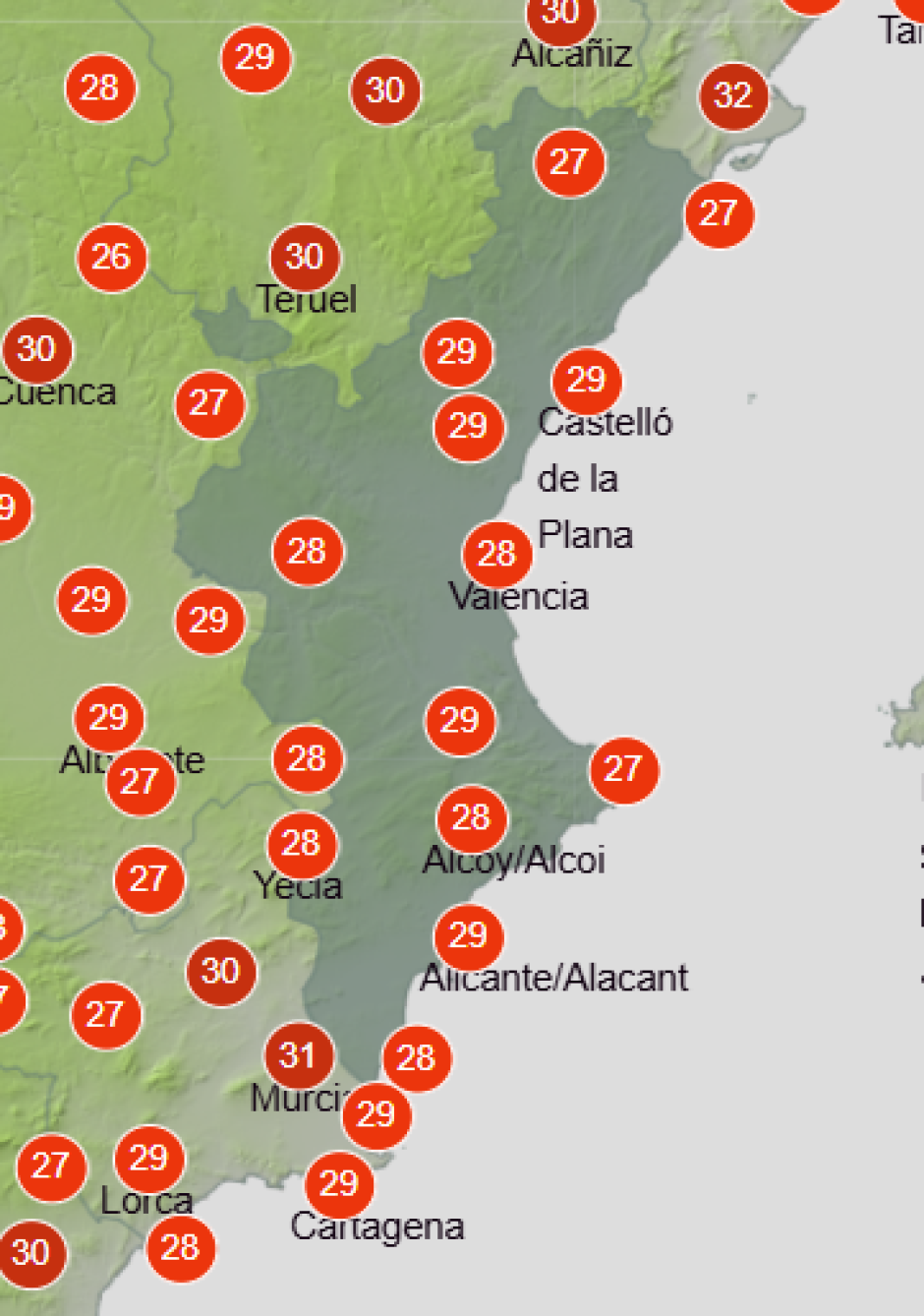 Mapa de Aemet con las temperaturas máximas previstas en la Comunidad Valenciana este domingo 13 de septiembre de 2026