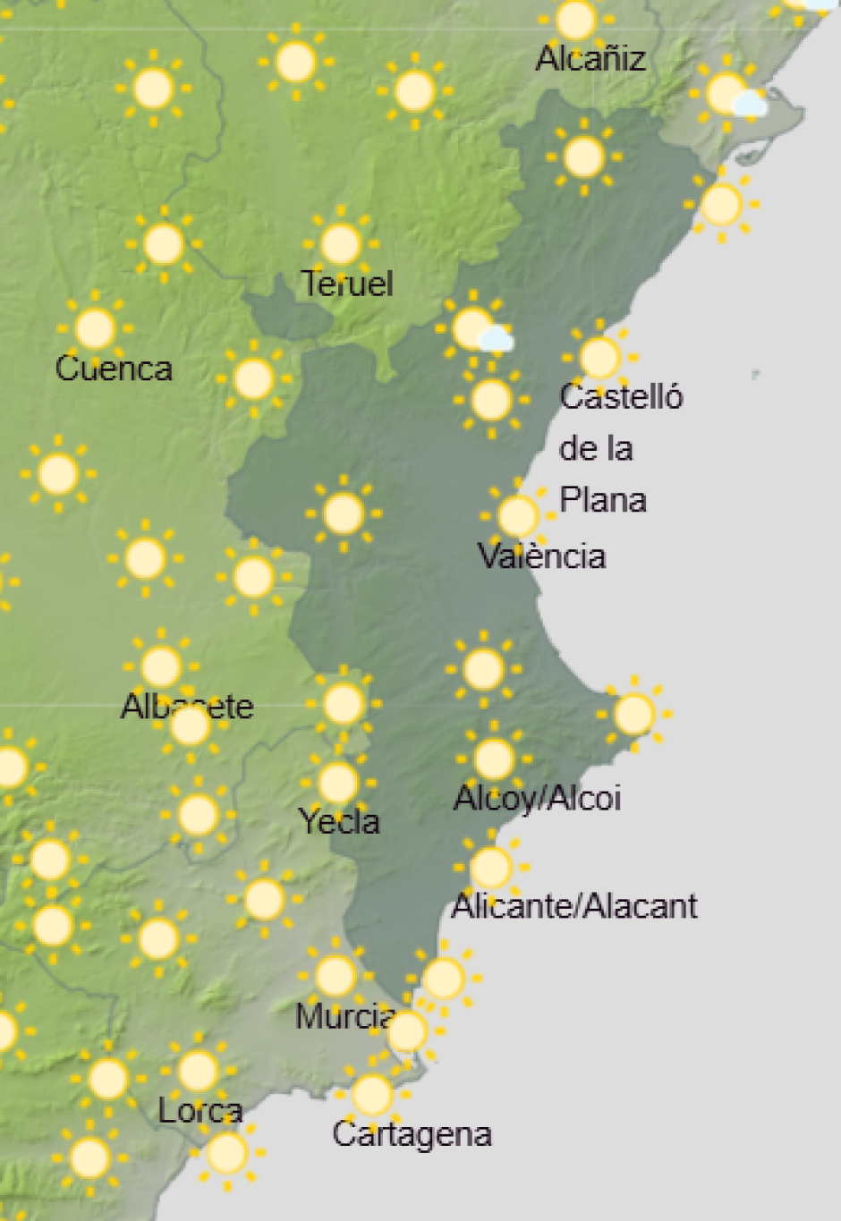 Mapa de Aemet con la previsión del tiempo en la Comunidad Valenciana este lunes 14 de septiembre de 2026