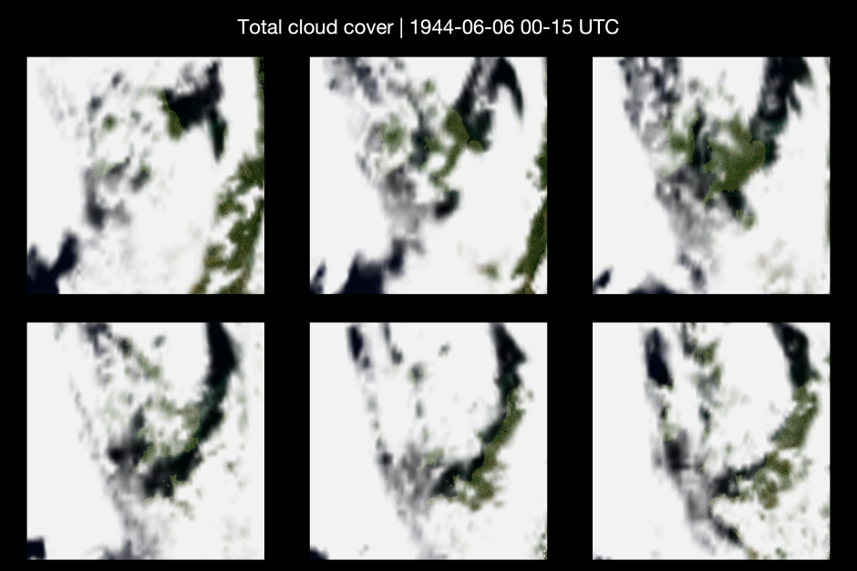 La imagen muestra imágenes satelitales del Día D, 6 de junio de 1944, desde la medianoche hasta las 3 de la tarde, comenzando desde la parte superior izquierda en el sentido de las agujas del reloj