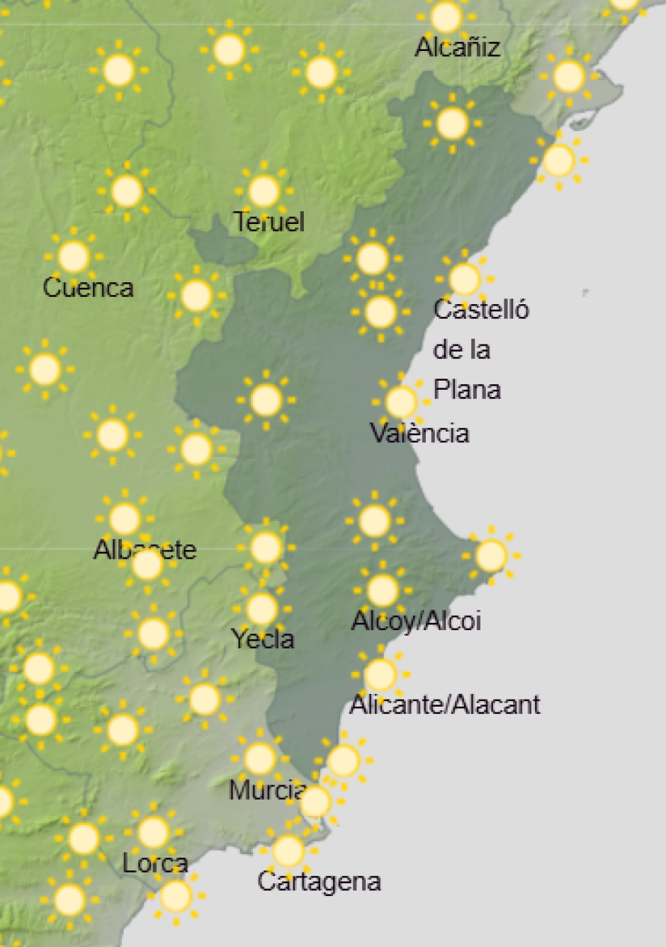 Mapa de Aemet con la previsión del tiempo en la Comunidad Valenciana este martes 15 de septiembre de 2026