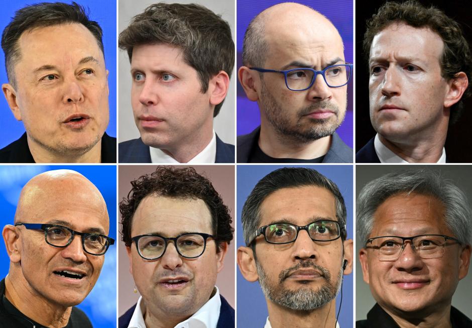 Desde arriba a la izquierda: Elon Musk, Sam Altman, Demis Hassabis, Mark Zuckerberg, Satya Nadella,Dario Amodei, Sundar Pichai y Jensen Huang