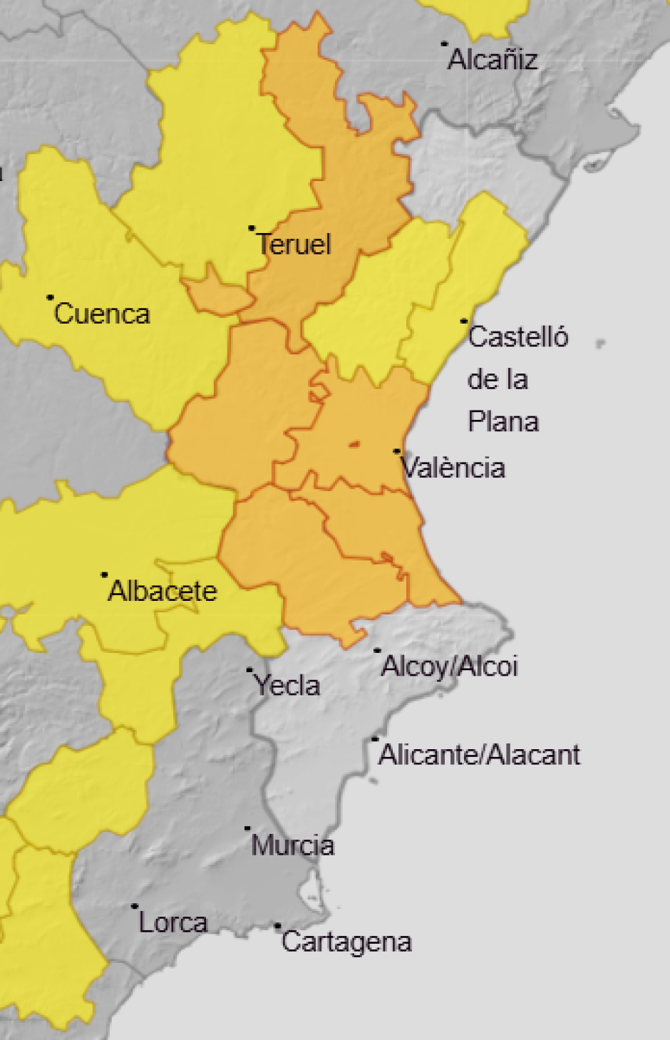 Mapa de Aemet con los avisos por lluvias y tormentas previstos en la Comunidad Valenciana este miércoles 16 de septiembre de 2026