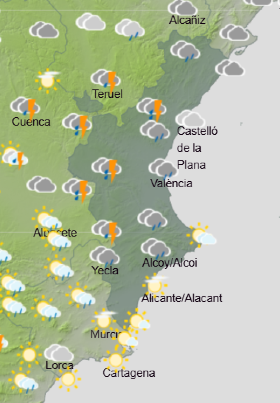 Mapa de Aemet con la previsión del tiempo en la Comunidad Valenciana este miércoles 16 de septiembre de 2026