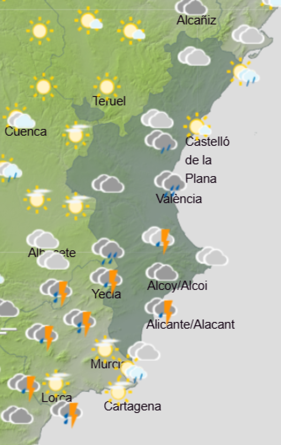 Mapa de Aemet con la previsión del tiempo en la Comunidad Valenciana este jueves 17 de septiembre de 2026