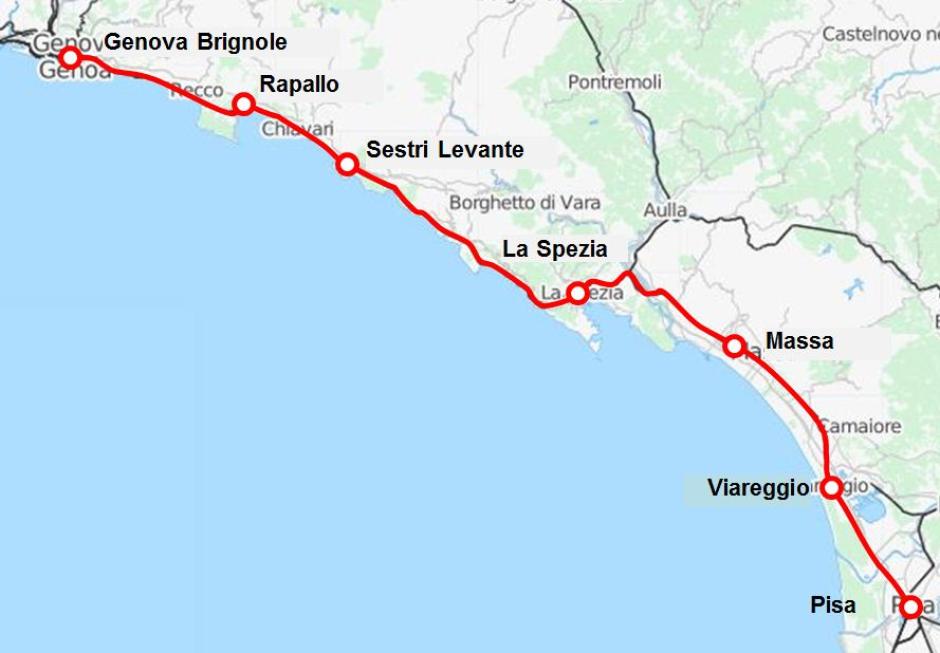 Mapa del recorrido en tren por la Riviera de Italia
