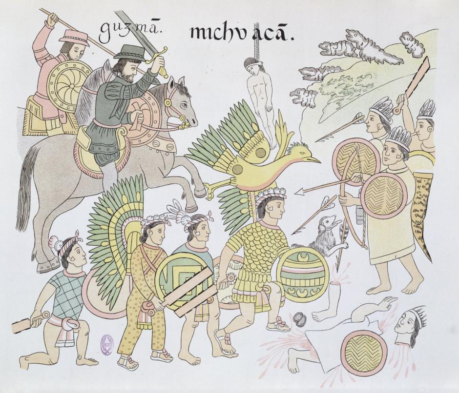 Batalla de Michoacán entre los españoles y los aztecas, ilustración de un facsímil de una historia pictórica india mexicana, Lienzo de Tlaxcala
