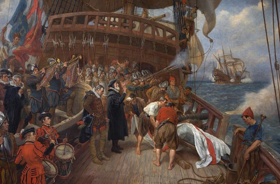 Entierro de Francis Drake arrojando su cadáver al mar en l costa de Panamá. Thomas Davidson, 1899, Ayuntamiento de Plymouth
