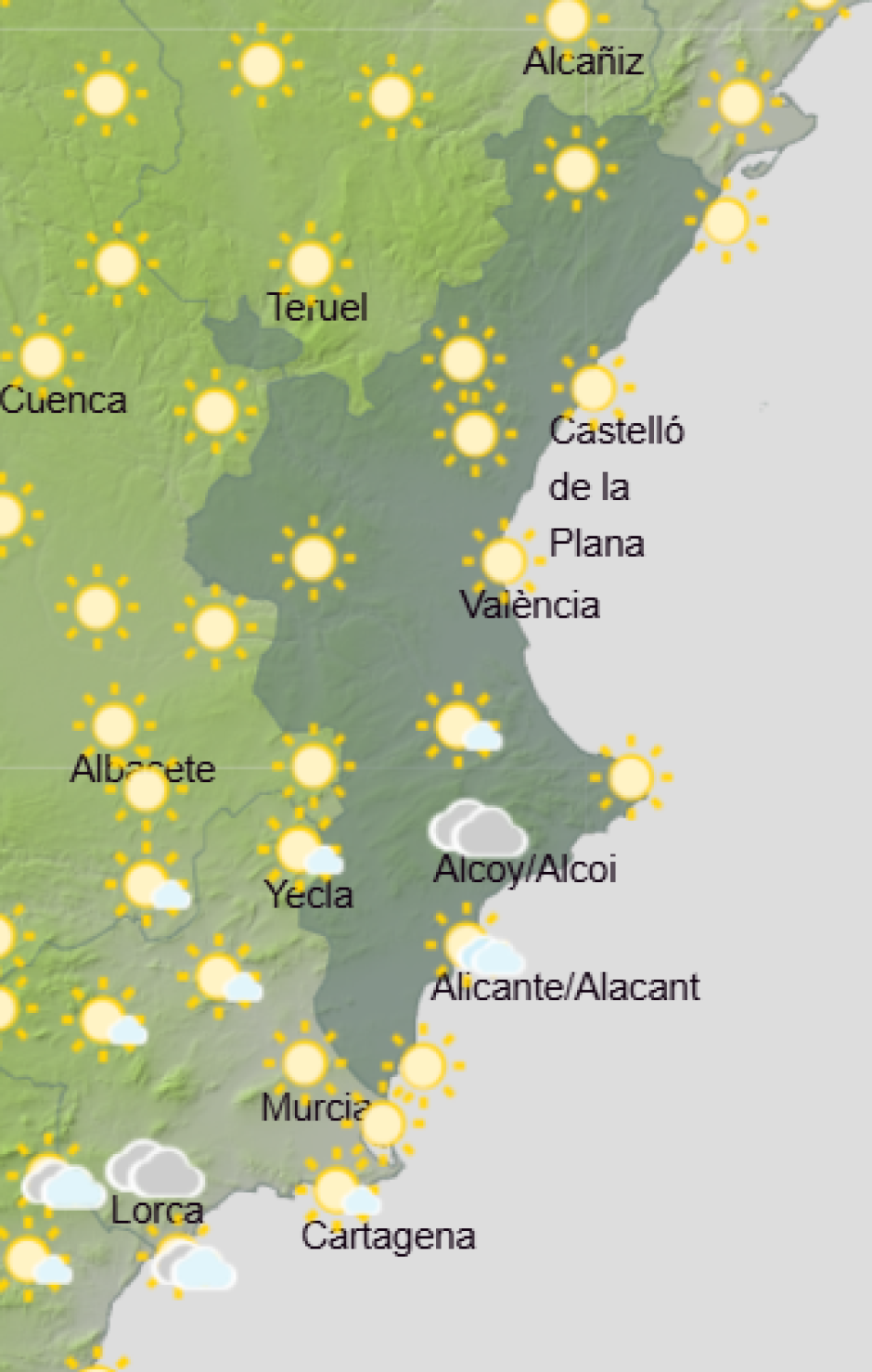 Mapa de Aemet con la previsión del tiempo en la Comunidad Valenciana este domingo 20 de septiembre de 2026