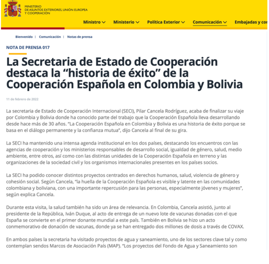 Comunicado de Exteriores destacando la cooperación española con Colombia y Bolivia