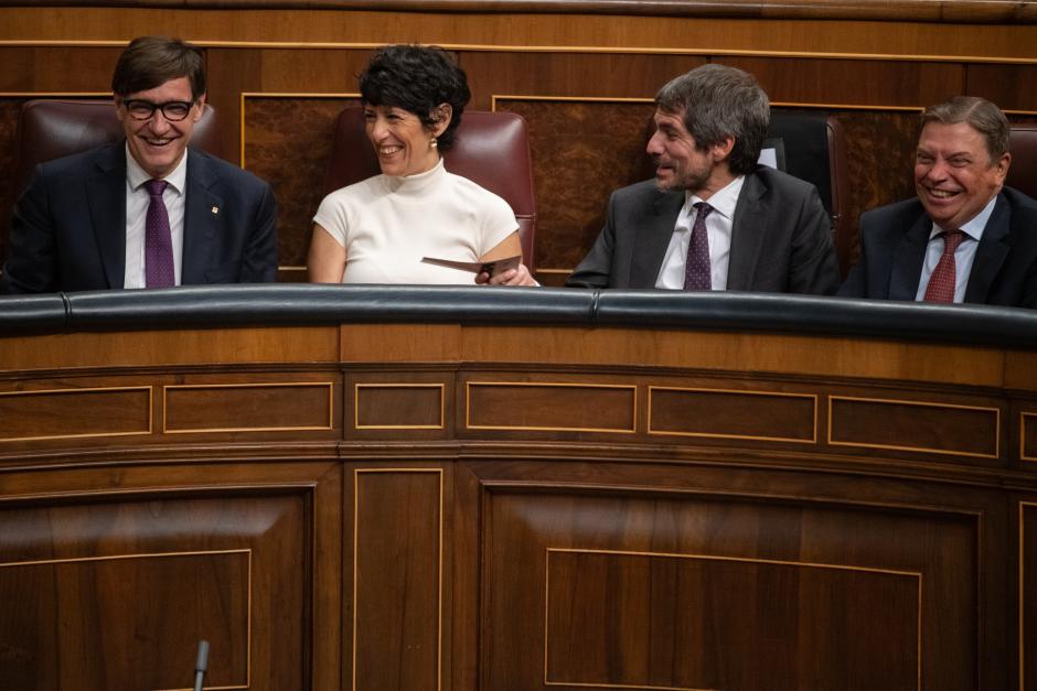 Salvador Illa, la ministra Elma Saiz; el ministro de Cultura, Ernest Urtasun; y el ministro de Agricultura, Pesca y Alimentación, Luis Planas
