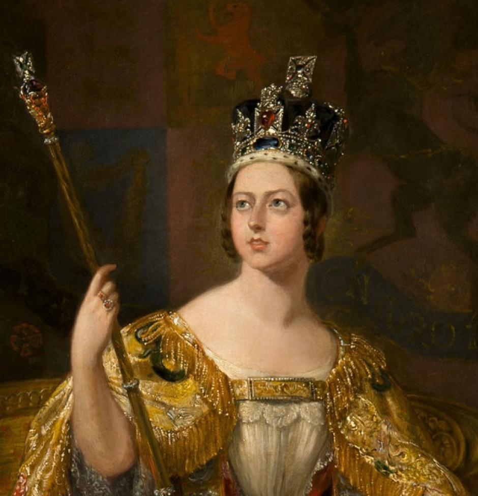 Detalle del retrato de la coronación de la reina Victoria, que muestra el rubí del Príncipe Negro en la corona