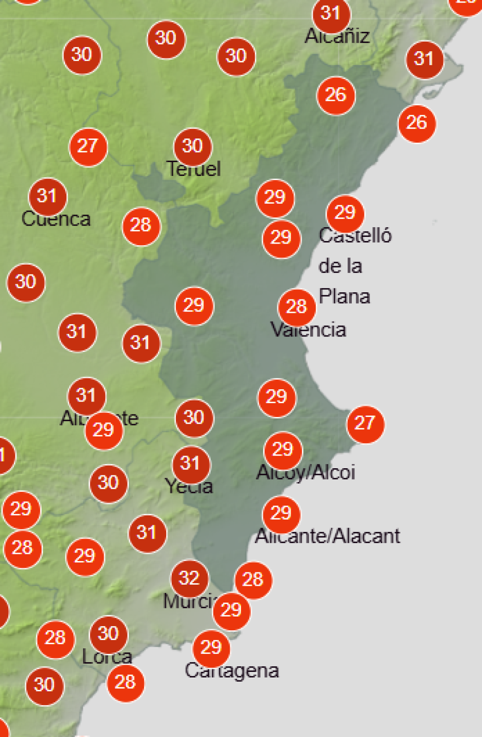 Mapa de Aemet con las temperaturas máximas previstas en la Comunidad Valenciana este miércoles 23 de septiembre de 2026