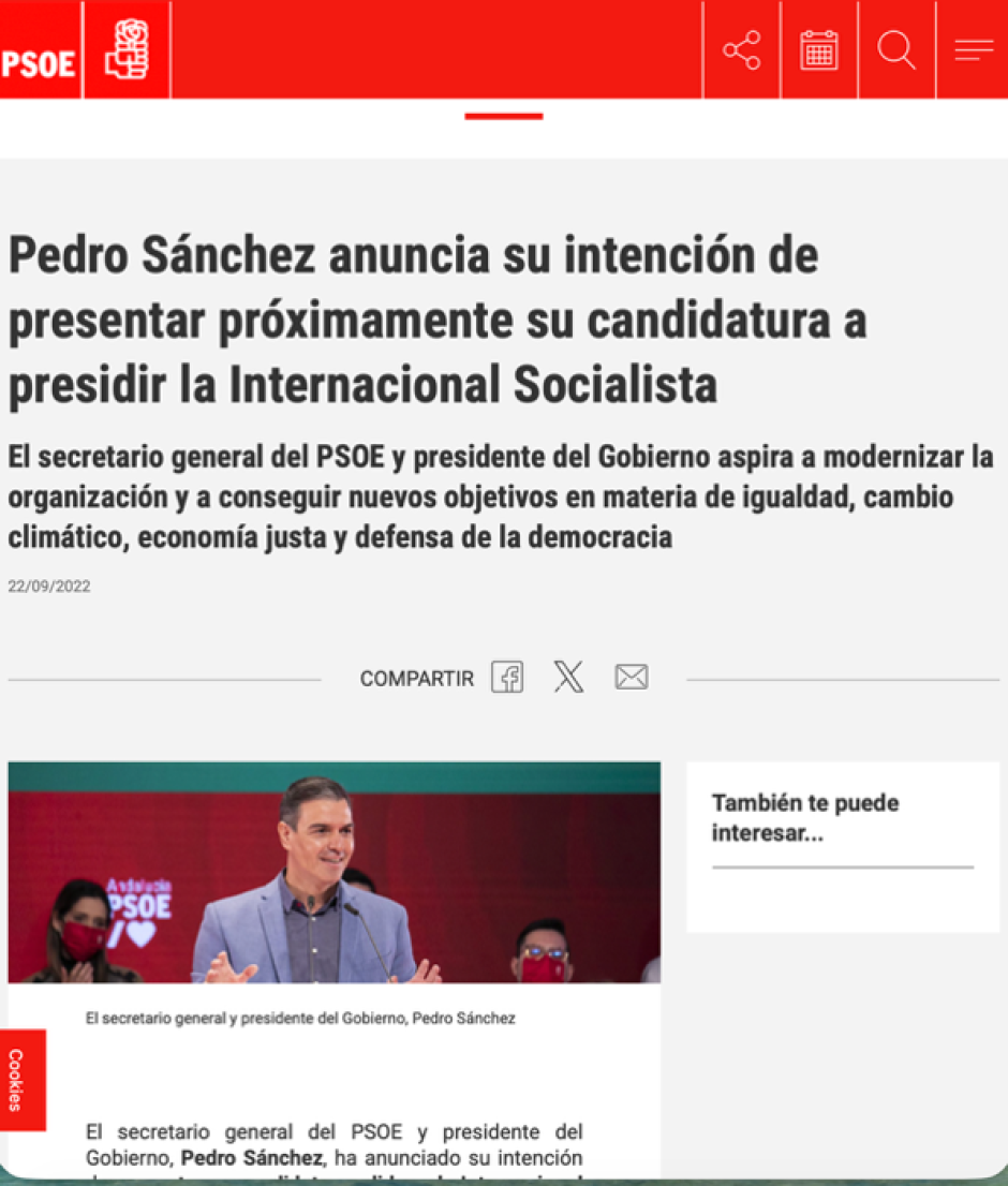 Sánchez anuncia su intención de presentar su candidatura a la Internacional Socialista
