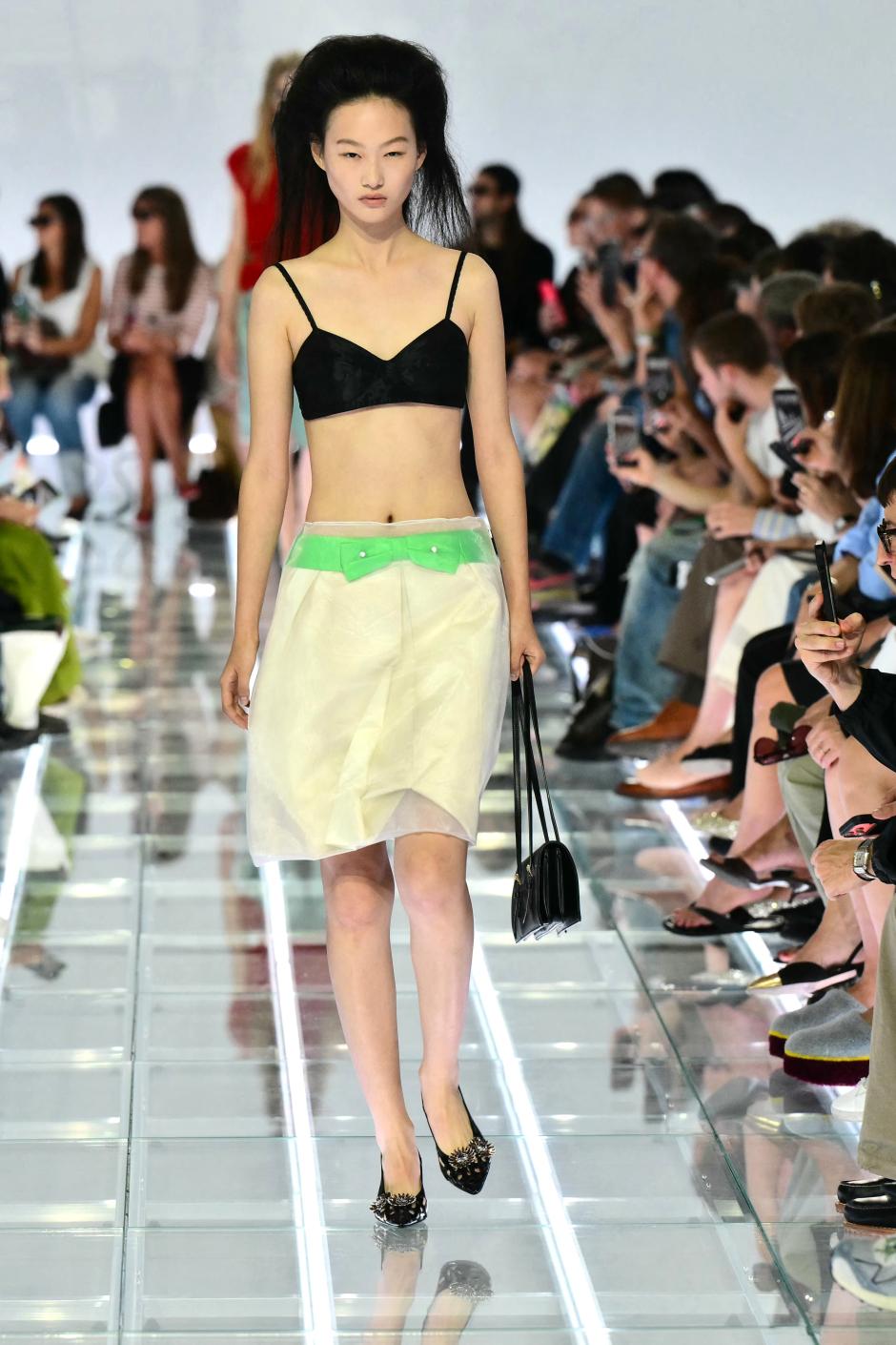 A model walks the runway during the Prada collection show as part of Women's Spring/Summer 2027 Milan's fashion week, on September 22, 2026. (Photo by Stefano RELLANDINI / AFP)