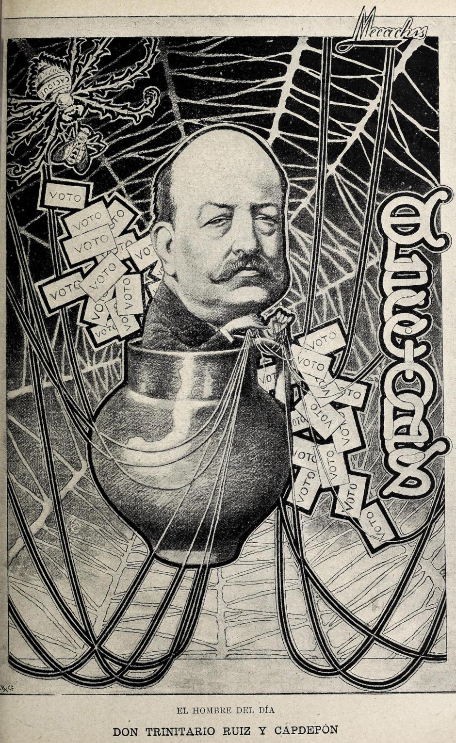 Caricatura de la revista Blanco y Negro (1898) que muestra al diputado Trinitario Ruiz y Capdepón saliendo del puchero gracias a los votos que le ha proporcionado la red caciquil