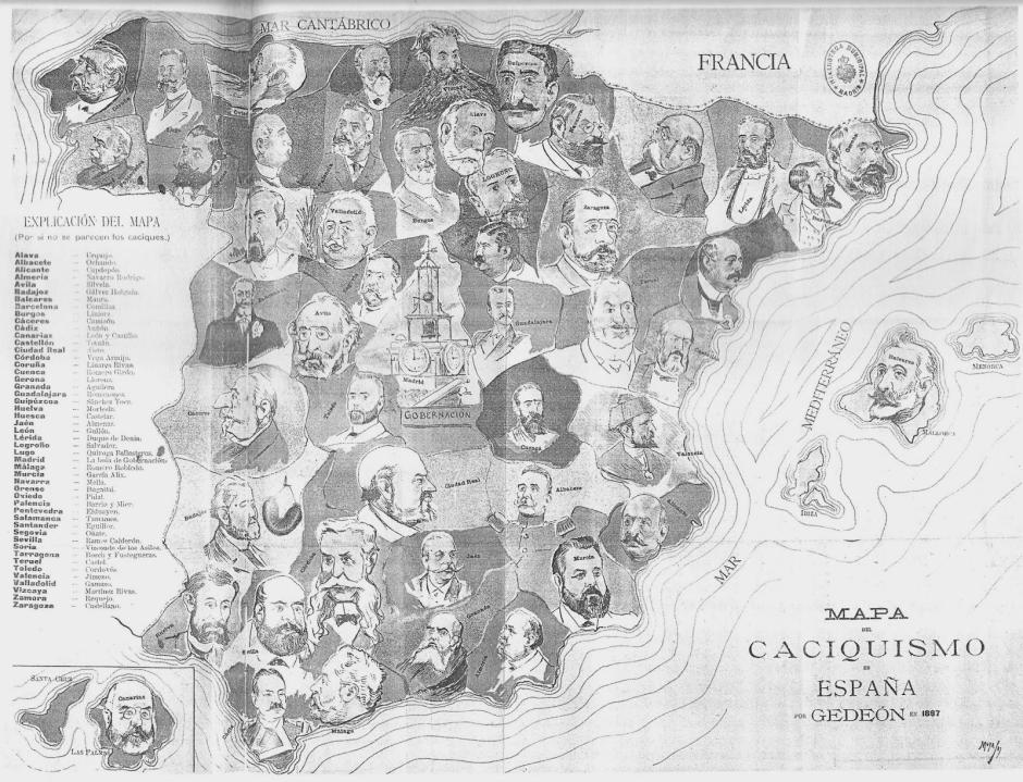 «Mapa del caciquismo en España», de Moya (1897). Aparecen los principales diputados con arraigo por provincia, cuyo escaño no se negociaba en el encasillado, y que eran los grandes caciques del régimen político de la Restauración