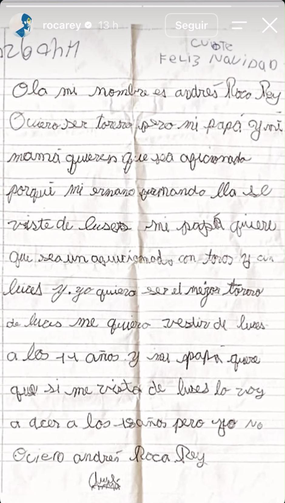 La carta que escribió Roca Rey cuando era pequeño