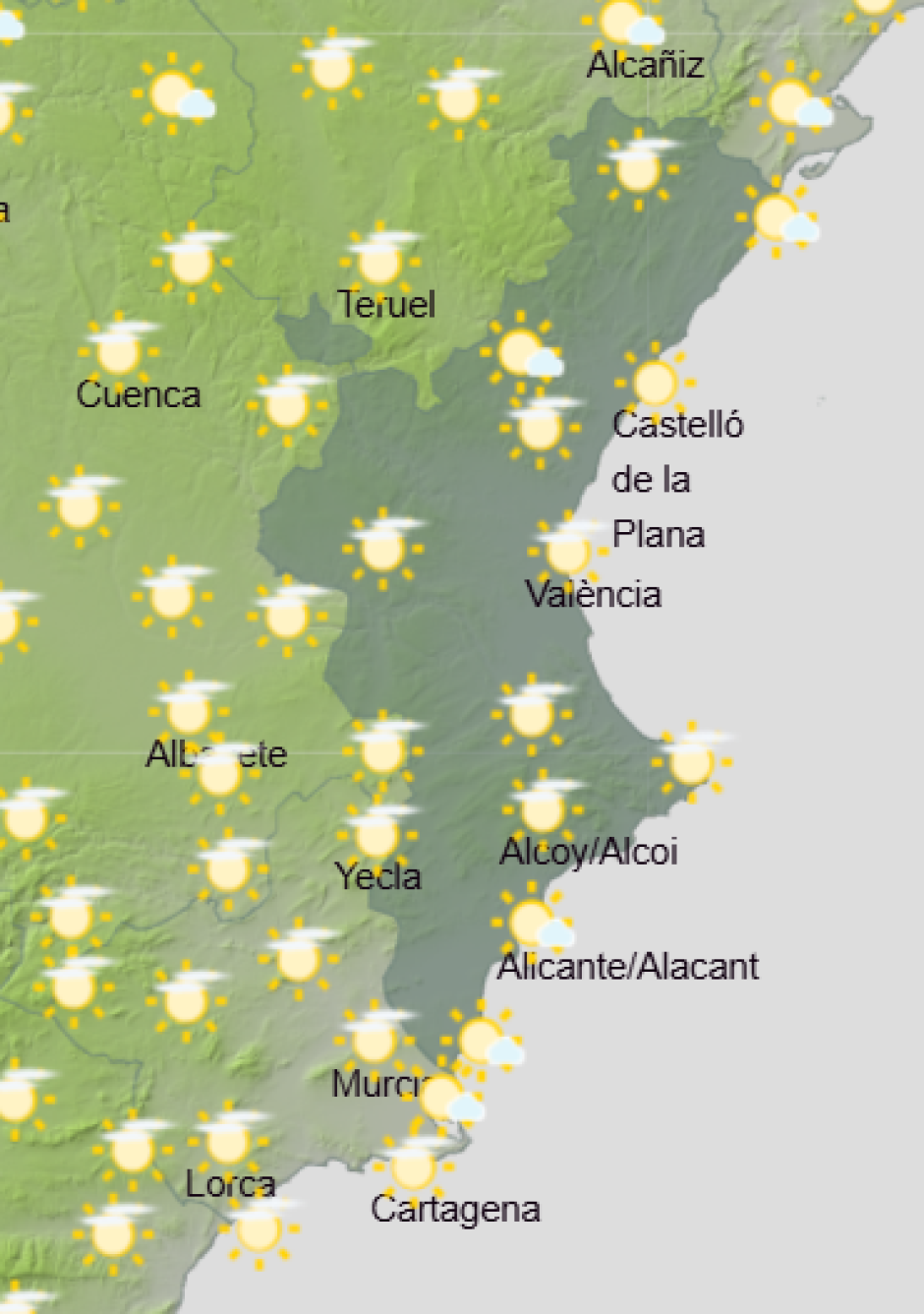 Mapa de Aemet con la previsión del tiempo en la Comunidad Valenciana este sábado 26 de septiembre de 2026