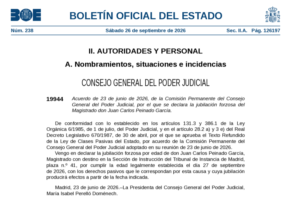 Imagen del BOE publicando la jubilación del juez Juan Carlos Peinado