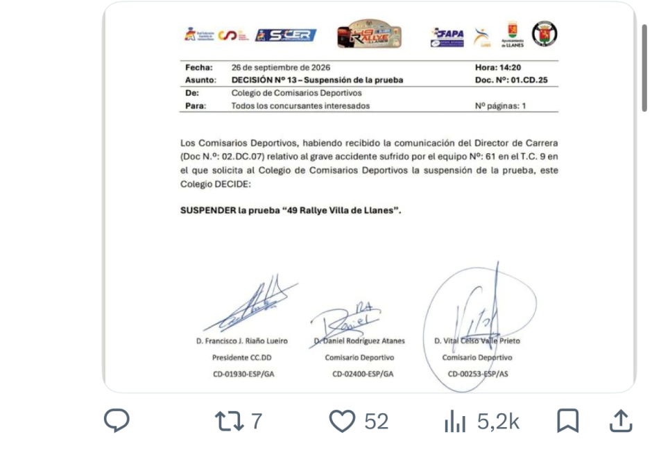 Comunicado del rally de Llanes