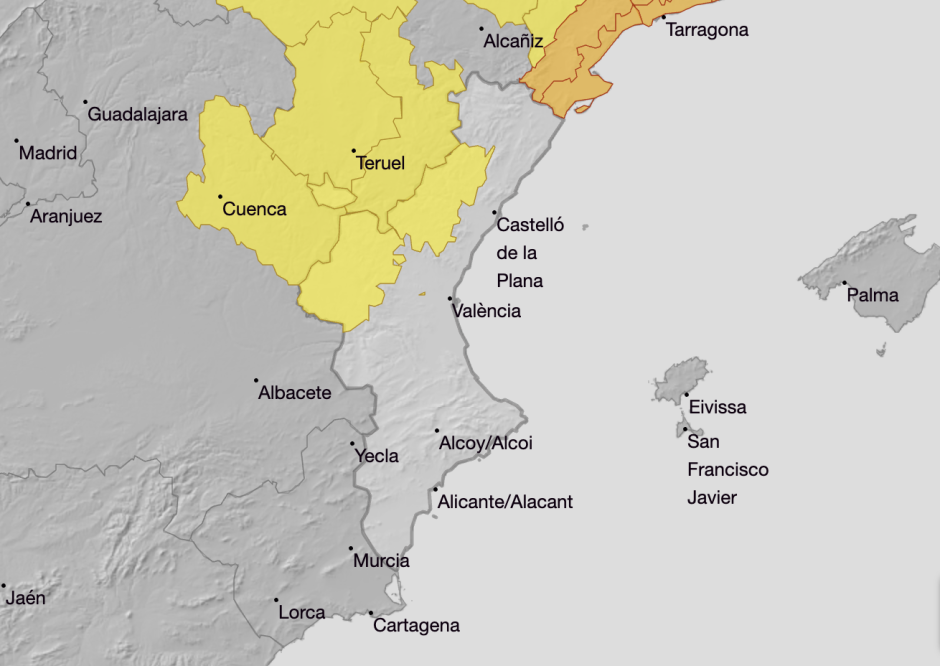 Mapa con los avisos por lluvias para este lunes 28 de septiembre en la Comunidad Valenciana.