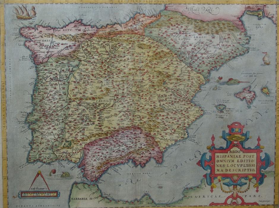 Mapa histórico «Regni Hispaniae Post Omnium Editiones Locupletissima Descriptio», elaborado por el célebre cartógrafo flamenco Abraham Ortelius en 1570