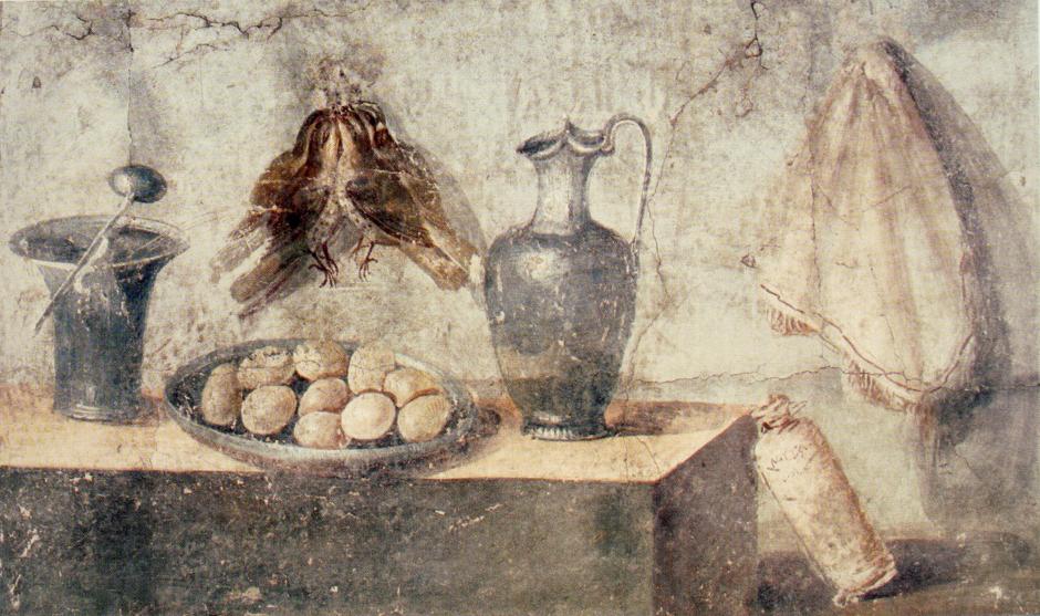 Bodegón con huevos, pájaros y platos de bronce, procedente de la Casa de Julia Felix, Pompeya