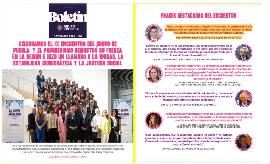 Boletín del Grupo de Puebla que recoge el agradecimiento del presidente el Gobierno español, Pedro Sánchez