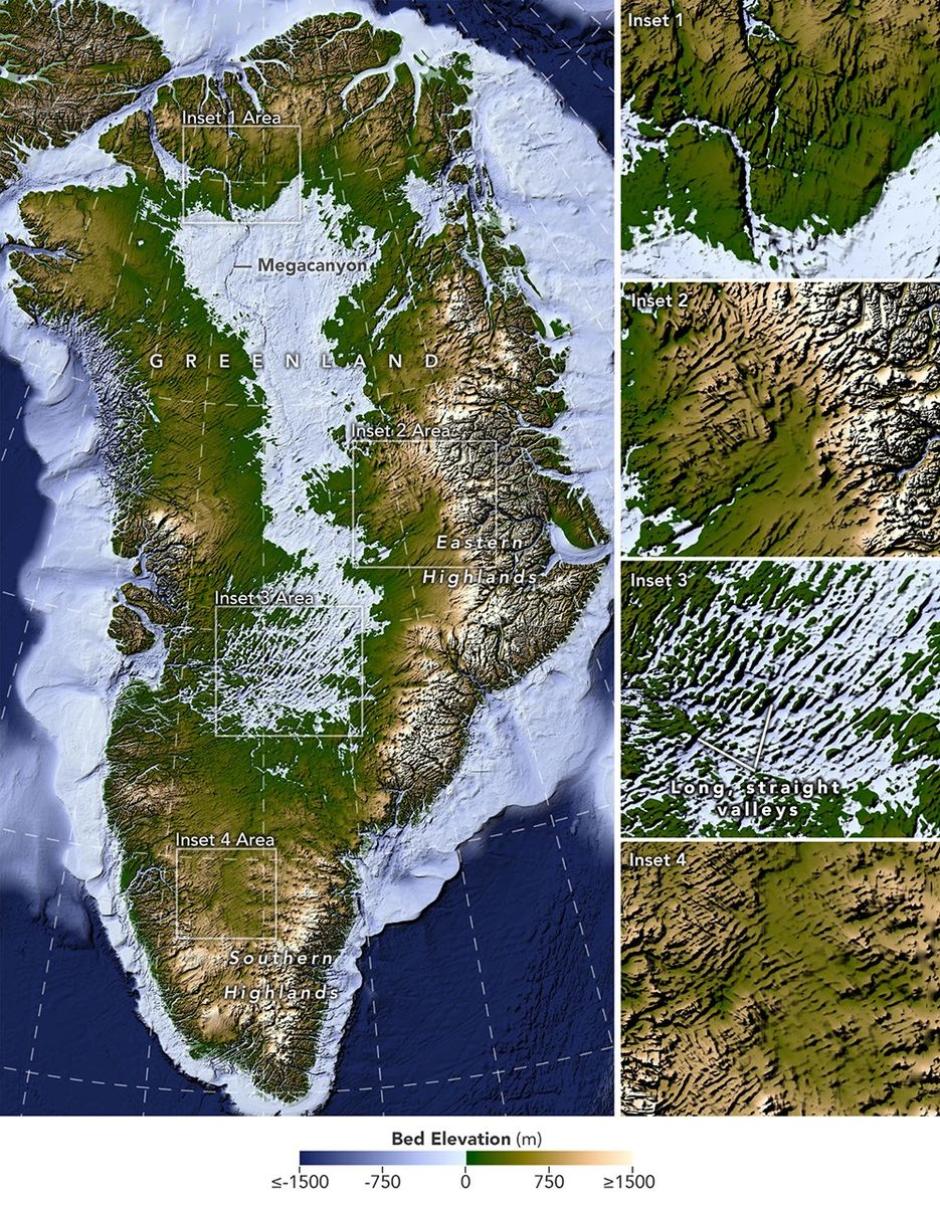 Un método recientemente desarrollado para cartografiar el lecho rocoso bajo la capa de hielo de Groenlandia revela la topografía oculta de la isla.