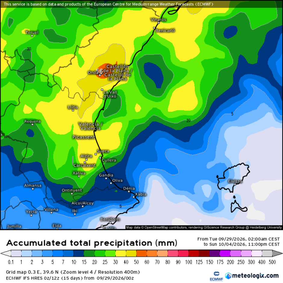 Mapa con las lluvias previstas por el modelo europeo ECMWF hasta el domingo 4 de octubre en la Comunidad Valenciana.