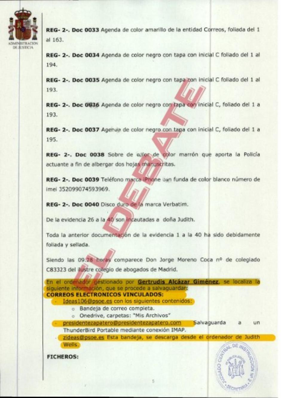 Extracto del acta de registro de la UDEF