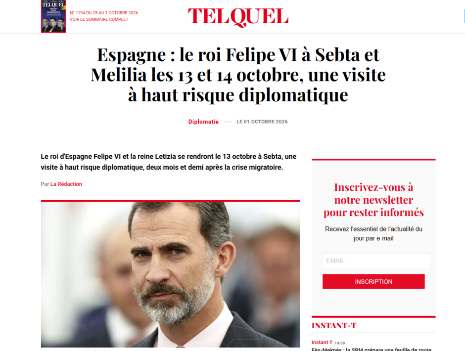 Artículo sobre la visita de los Reyes a Ceuta y Melilla en TelQuel