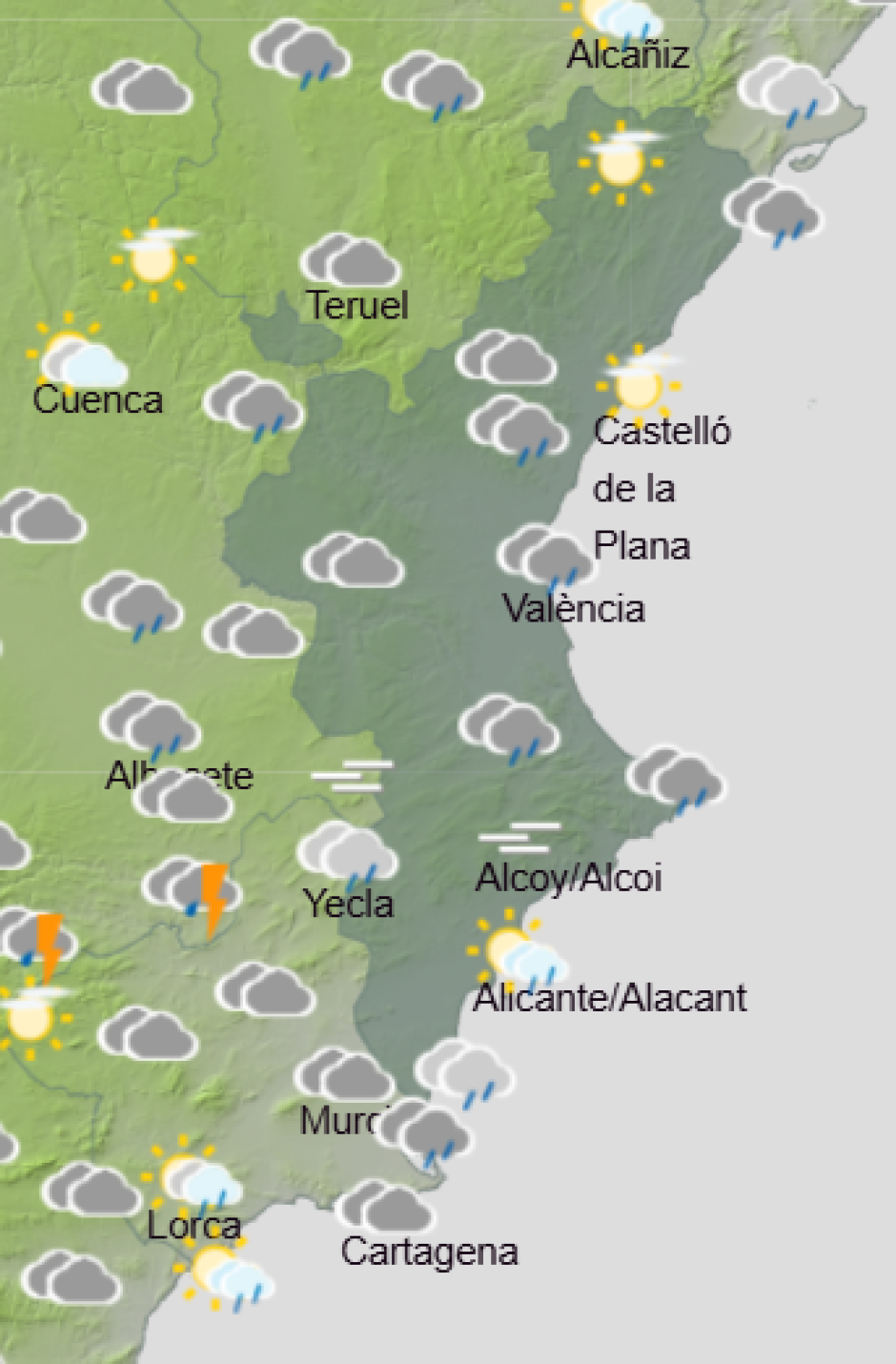 Mapa de Aemet con la previsión del tiempo en la Comunidad Valenciana este sábado 3 de octubre de 2026