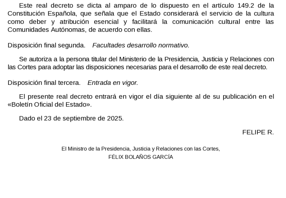 Real Decreto sancionado con firma electrónica y con la nueva fórmula, que omite el lugar