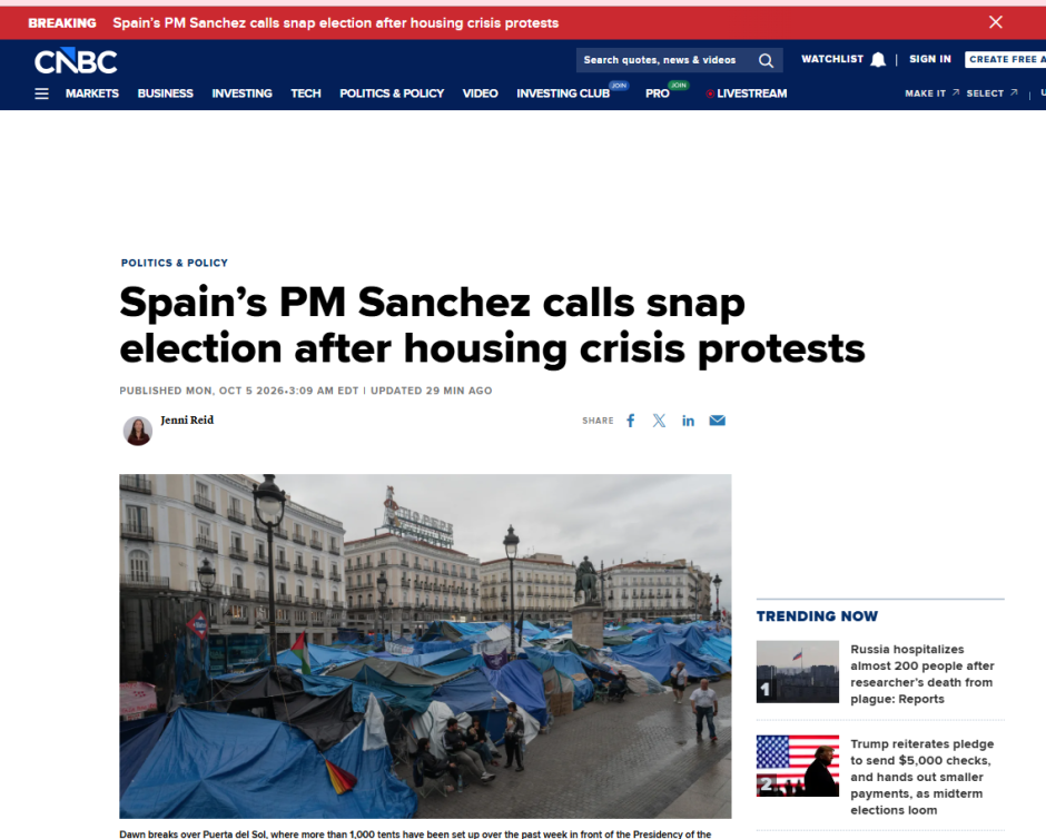 Artículo sobre la convocatoria de elecciones en España en la CNBC