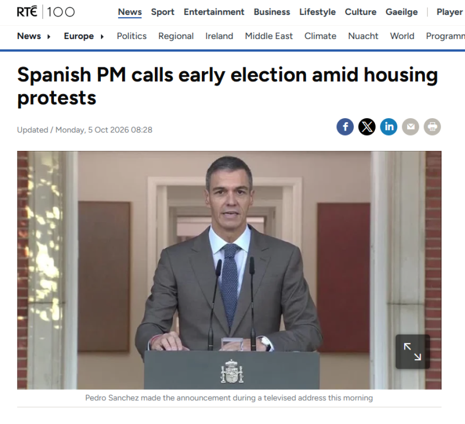 Artículo en RTÉ sobre la convocatoria de elecciones en España