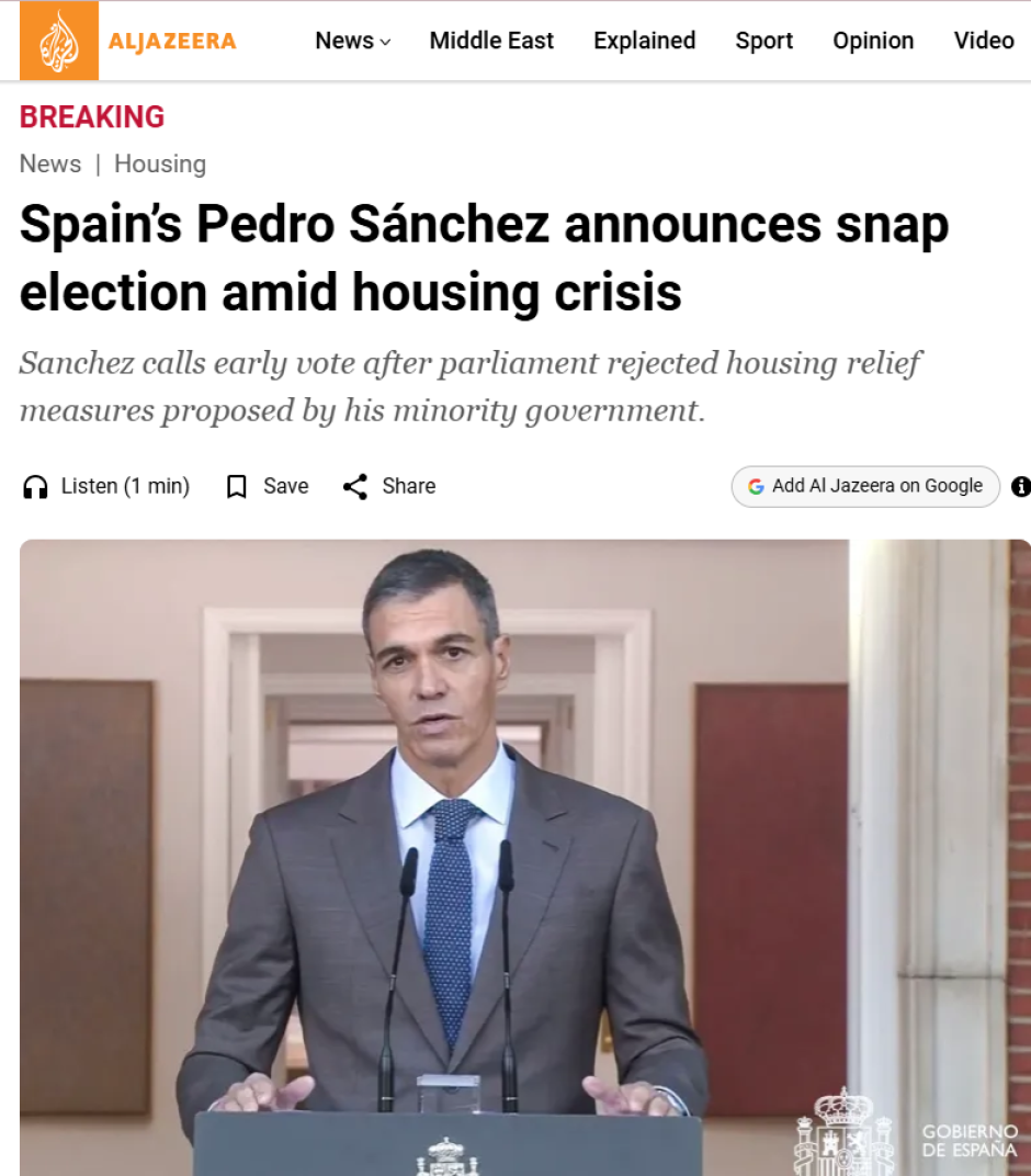 Artículo en Al Jazeera sobre la convocatoria de elecciones en España