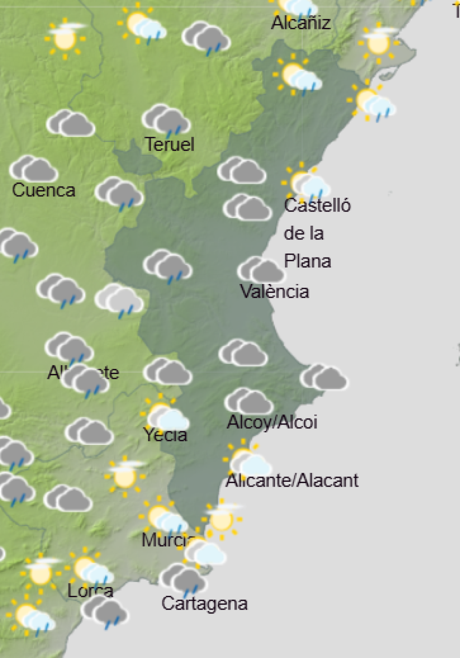 Mapa de Aemet con la previsión del tiempo en la Comunidad Valenciana este martes 6 d eoctubre de 2026