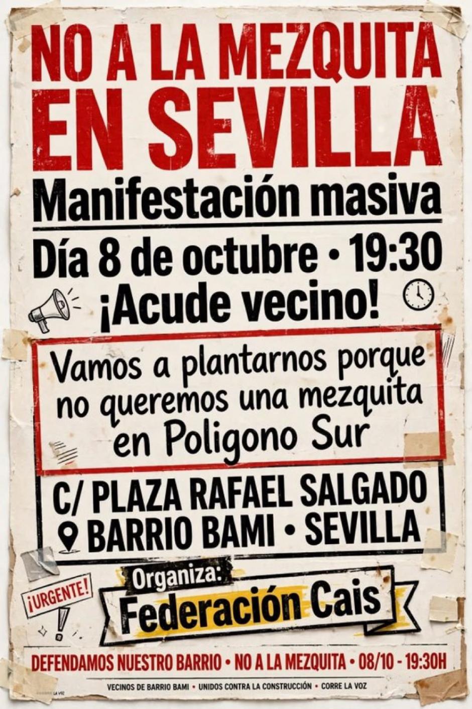 Cartel de convocatoria de la protesta contra la mezquita en Bami
