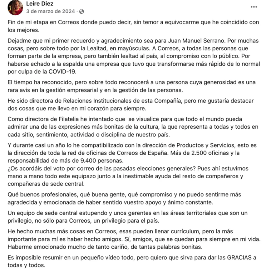 Escrito de Leire Díez en marzo de 2024