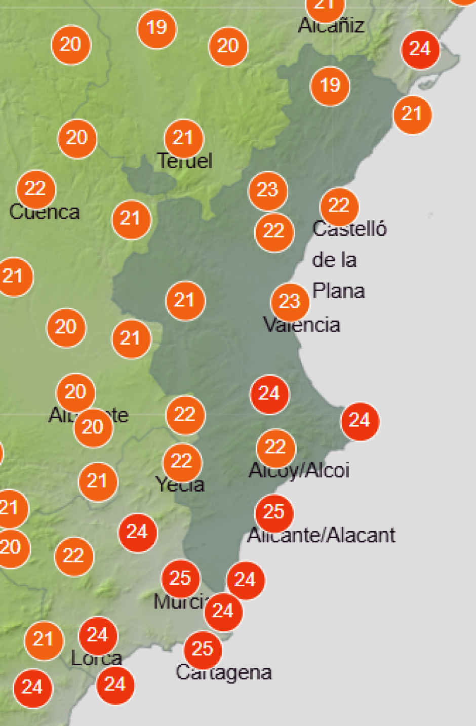 Mapa de Aemet con las temperaturas máximas previstas en la Comunidad Valenciana este sábado 10 de octubre de 2026