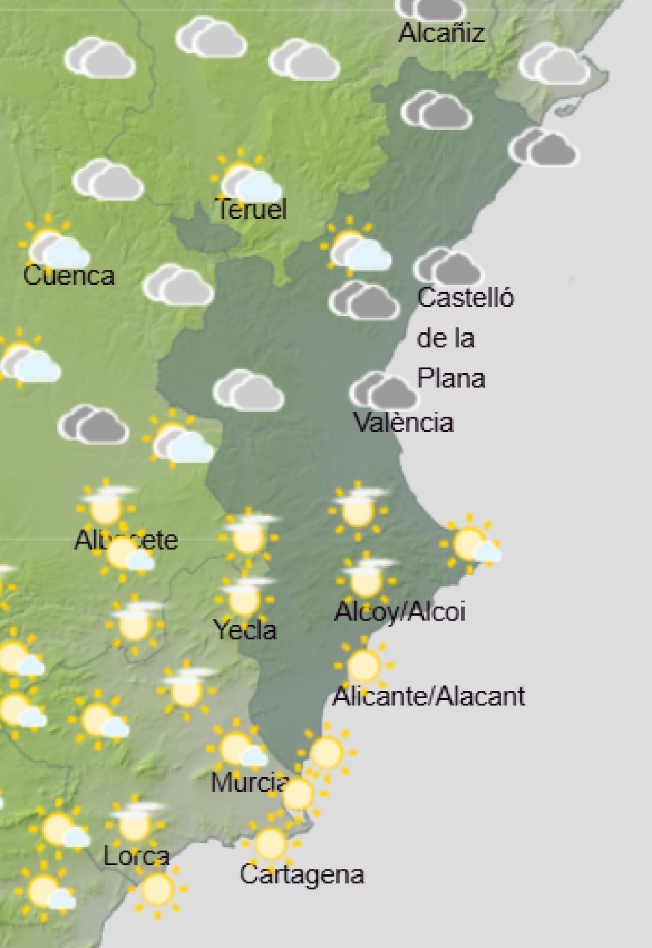 Mapa de Aemet con la previsión del tiempo en la Comunidad Valenciana este domingo 11 de octubre de 2026