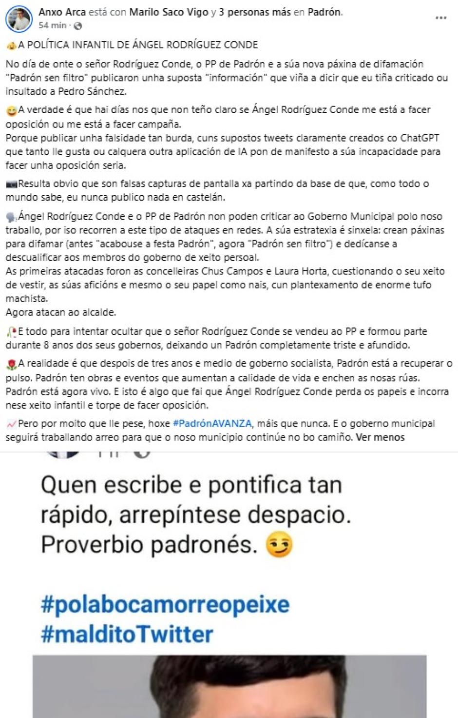 Mensaje publicado por el alcalde