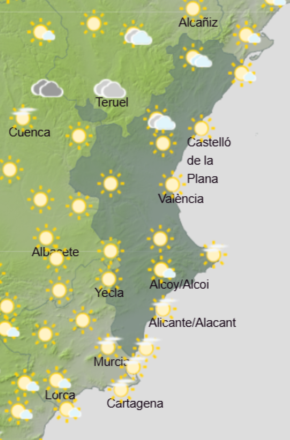 Mapa de Aemet con la previsión del tiempo en la Comunidad Valenciana este lunes 12 de octubre de 2026