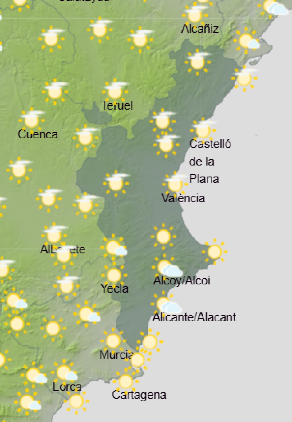 Mapa de Aemet con la previsión del tiempo en la Comunidad Valenciana este martes 13 de octubre de 2026