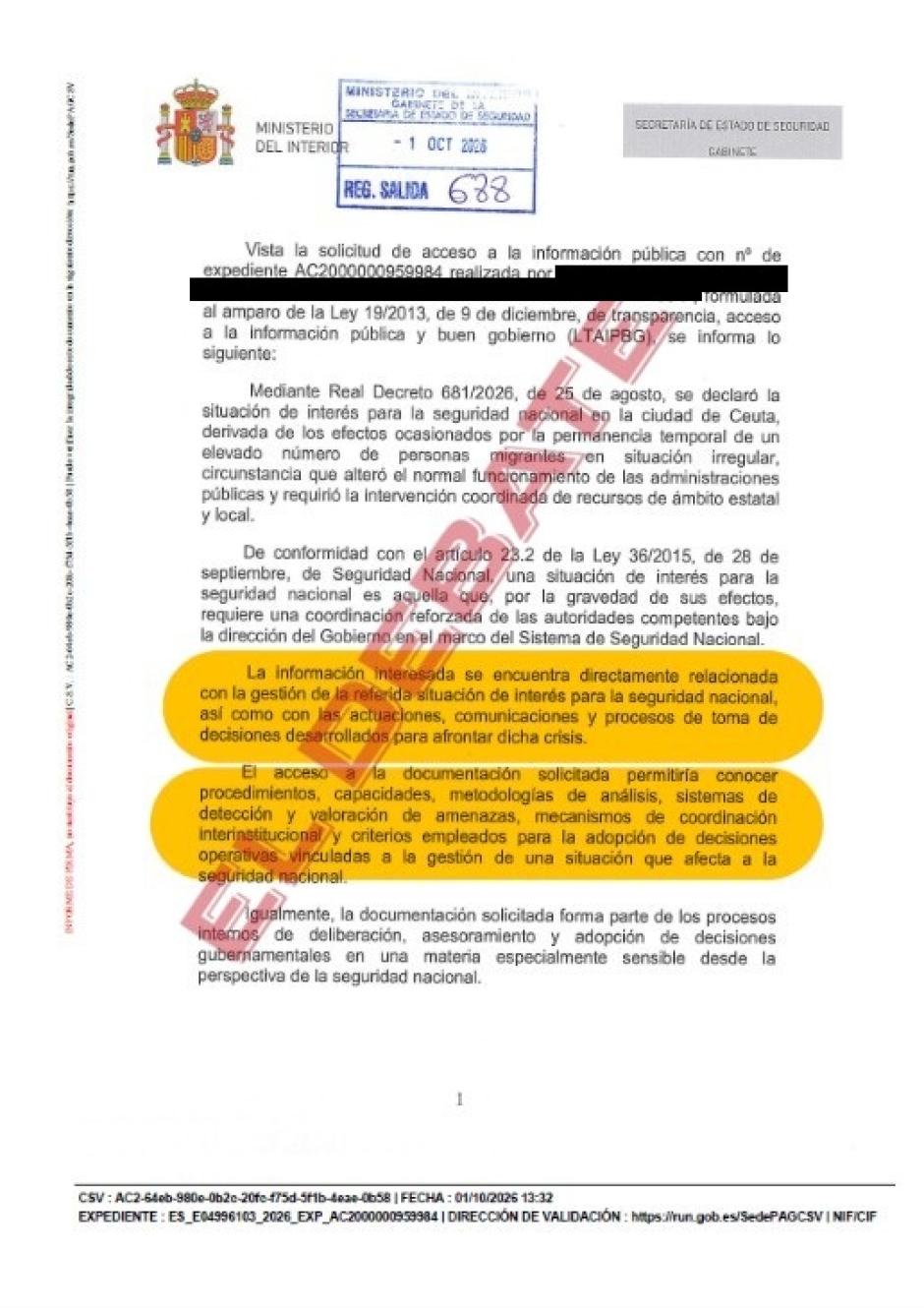 Resolución del Ministerio del Interior del 1 de octubre