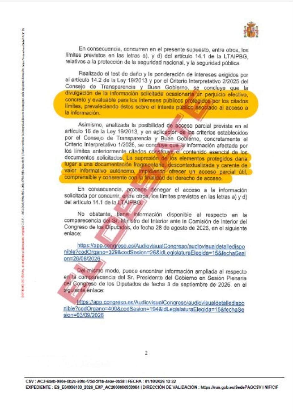 Resolución del Ministerio del Interior del 1 de octubre