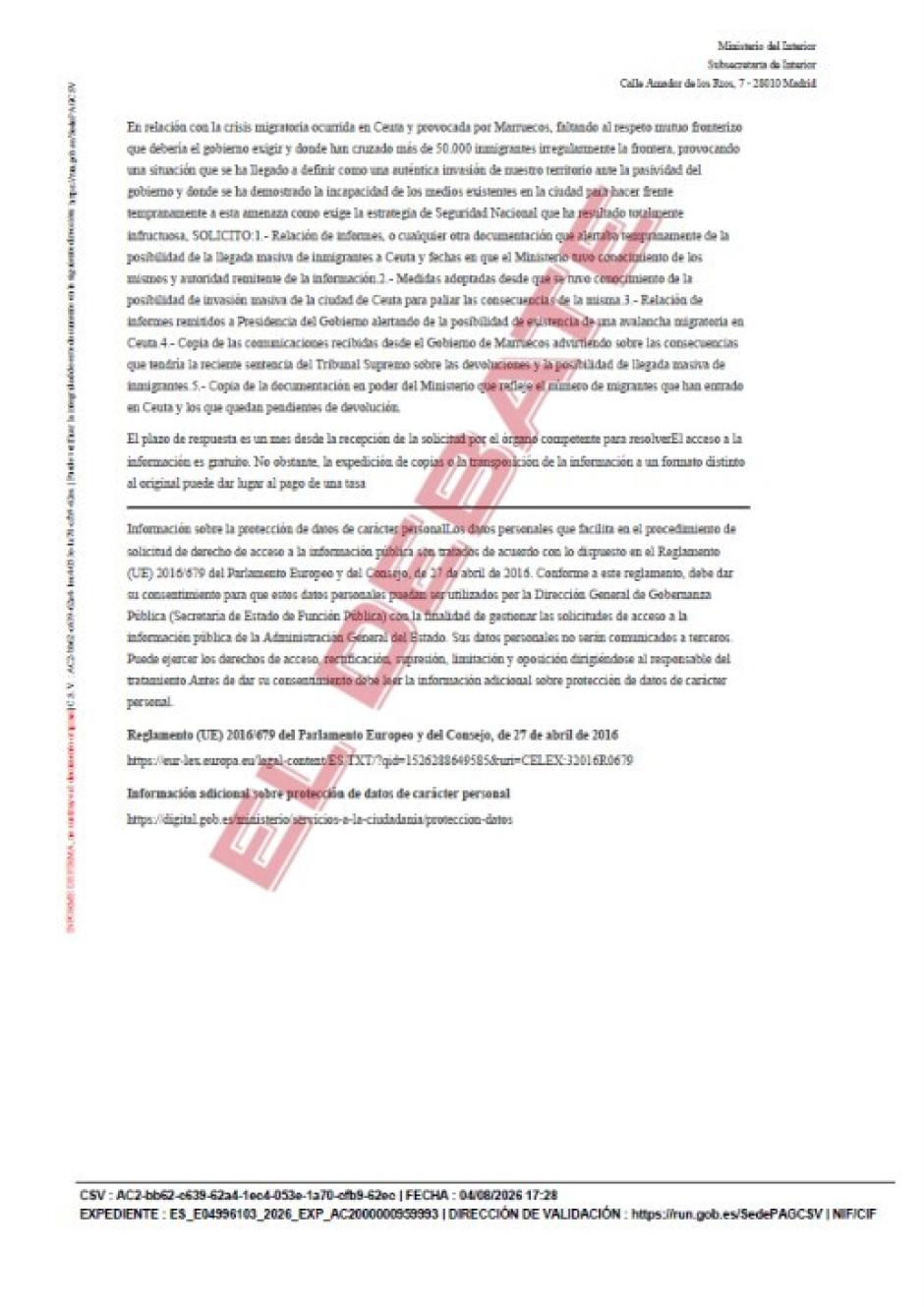 Solicitudes de información realizadas al Ministerio del Interior