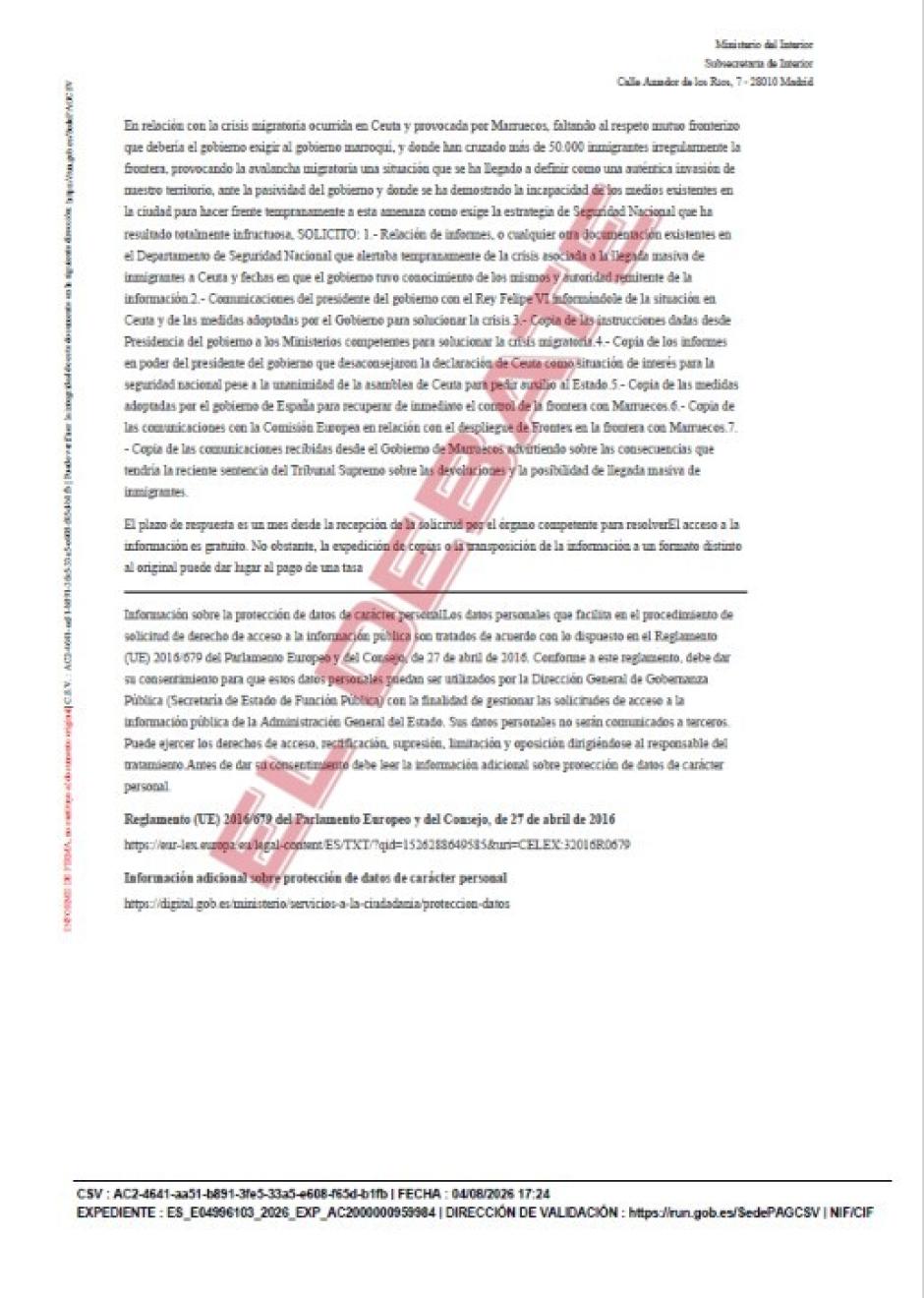 Solicitudes de información realizadas al Ministerio del Interior